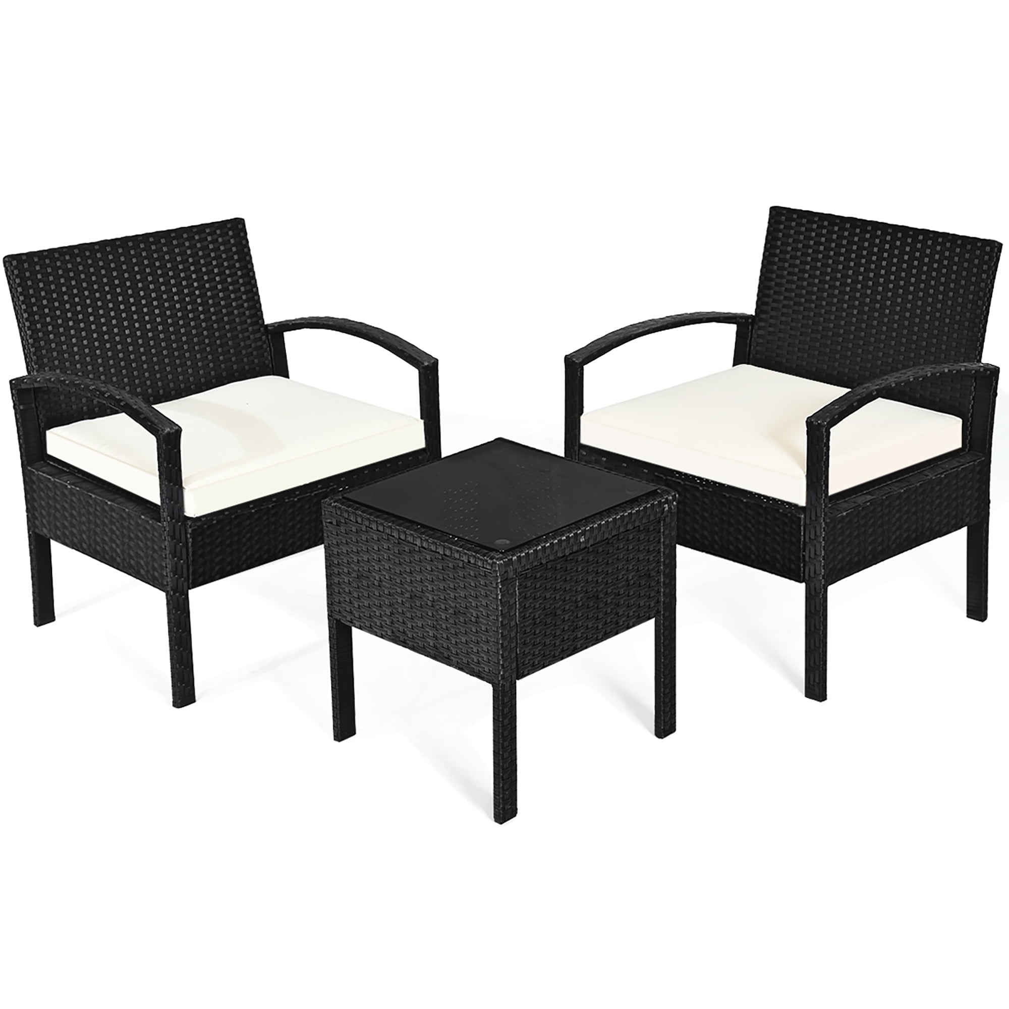 Costway 3PCS Patio Rattan Furniture Set Coffee Table & Chairs Set with Seat Cushions Garden
