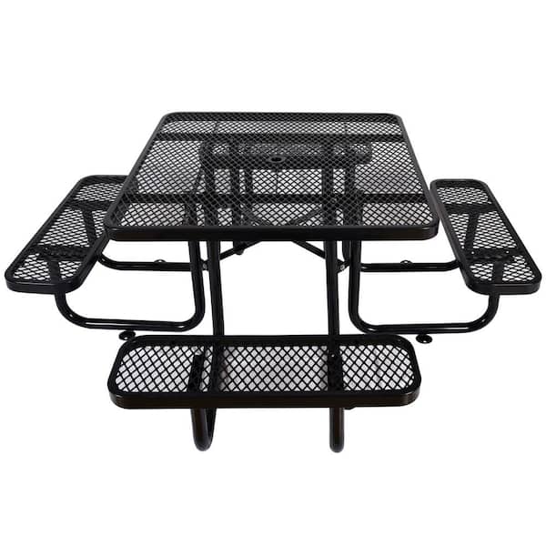 Black 82.9 in. Square Outdoor Steel Picnic Table with Umbrella Pole in Black
