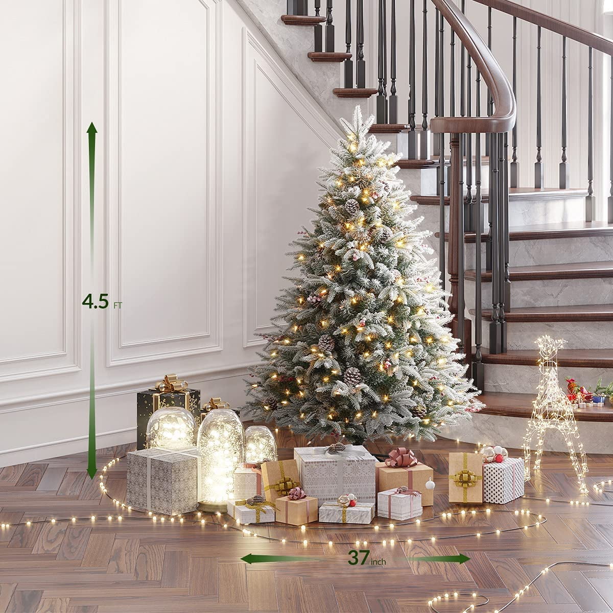 OasisCraft 4.5FT Snow Flocked Christmas Tree, Pre-Lit Premium for Indoor and Outdoor Decoration