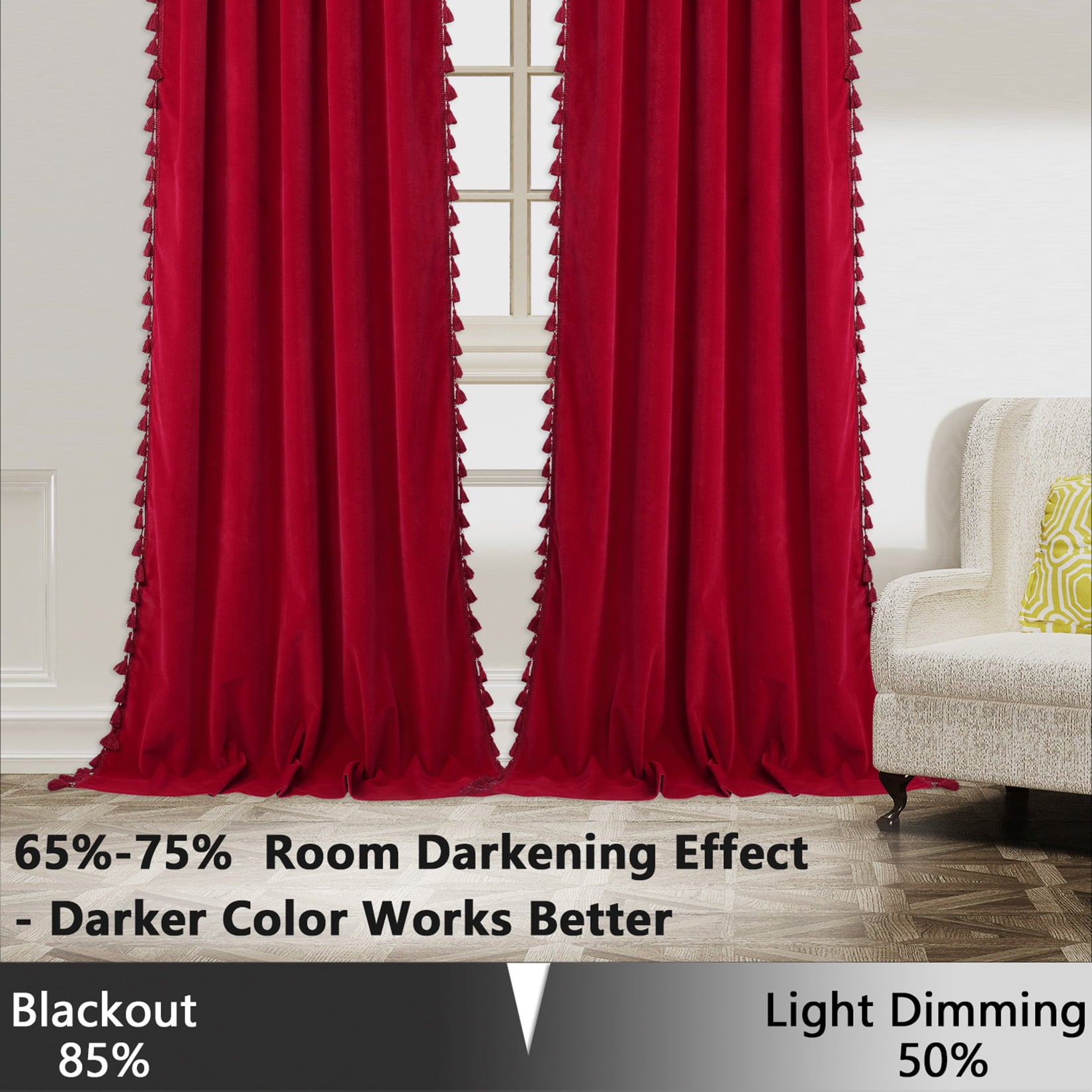 Soft Luxury Velvet Curtains with Tassels, 2 Panel Rod Pocket Blackout Curtain Drapes