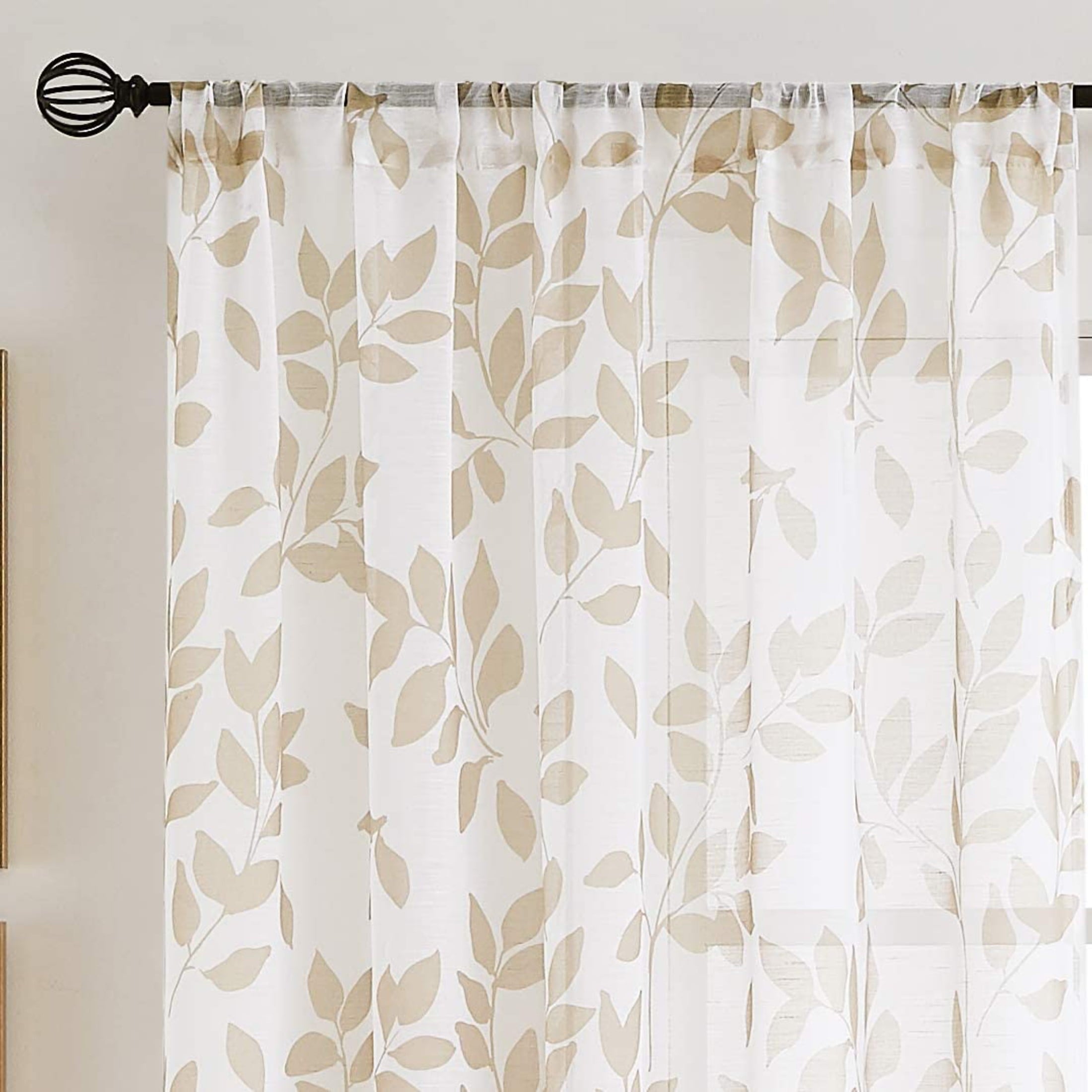 Exultantex Linen Texture Leaf Botanical Rod Pocket Sheer Curtain,50