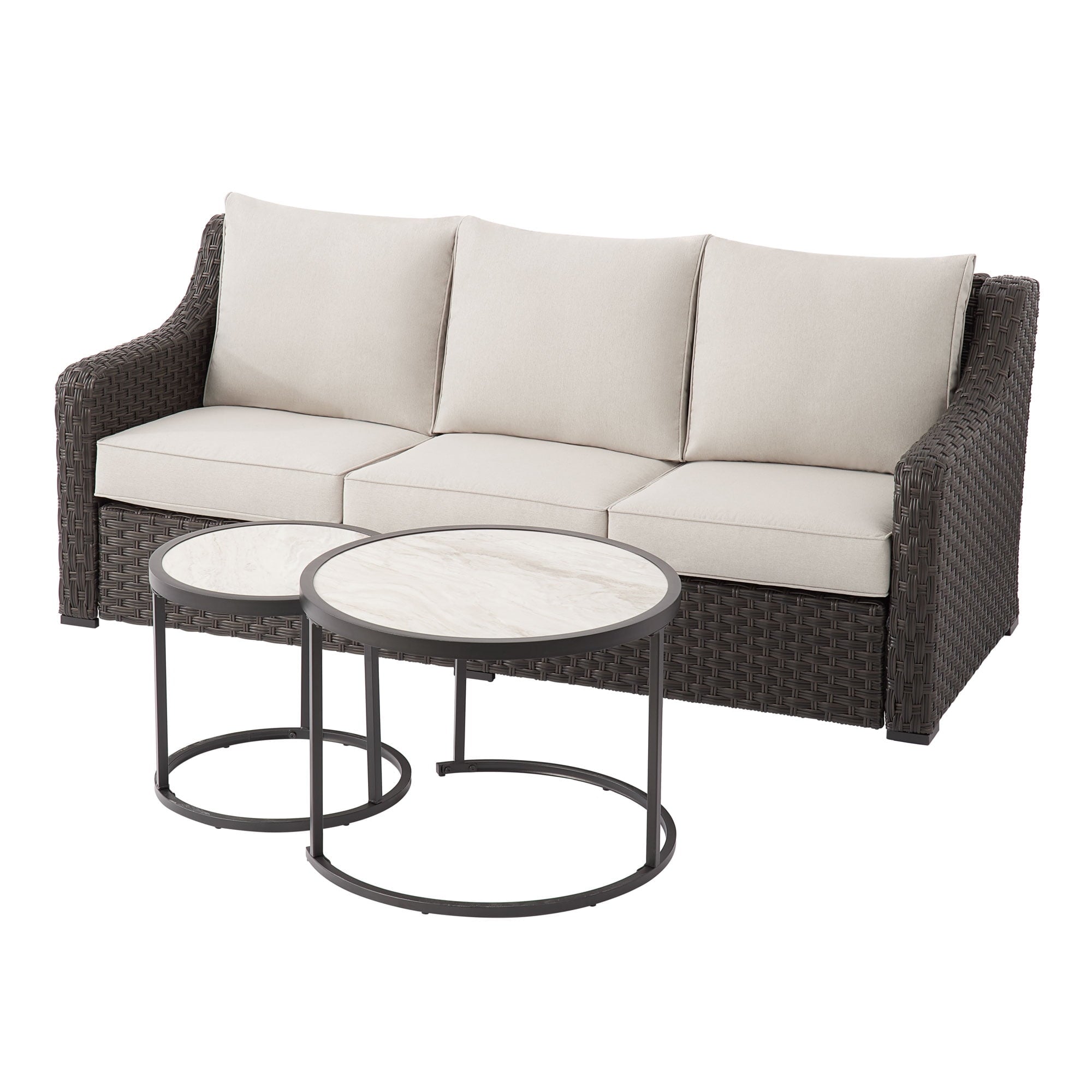 Better Homes & Gardens River Oaks 3-Piece Sofa and Nesting Tables with Patio Cover, Dark