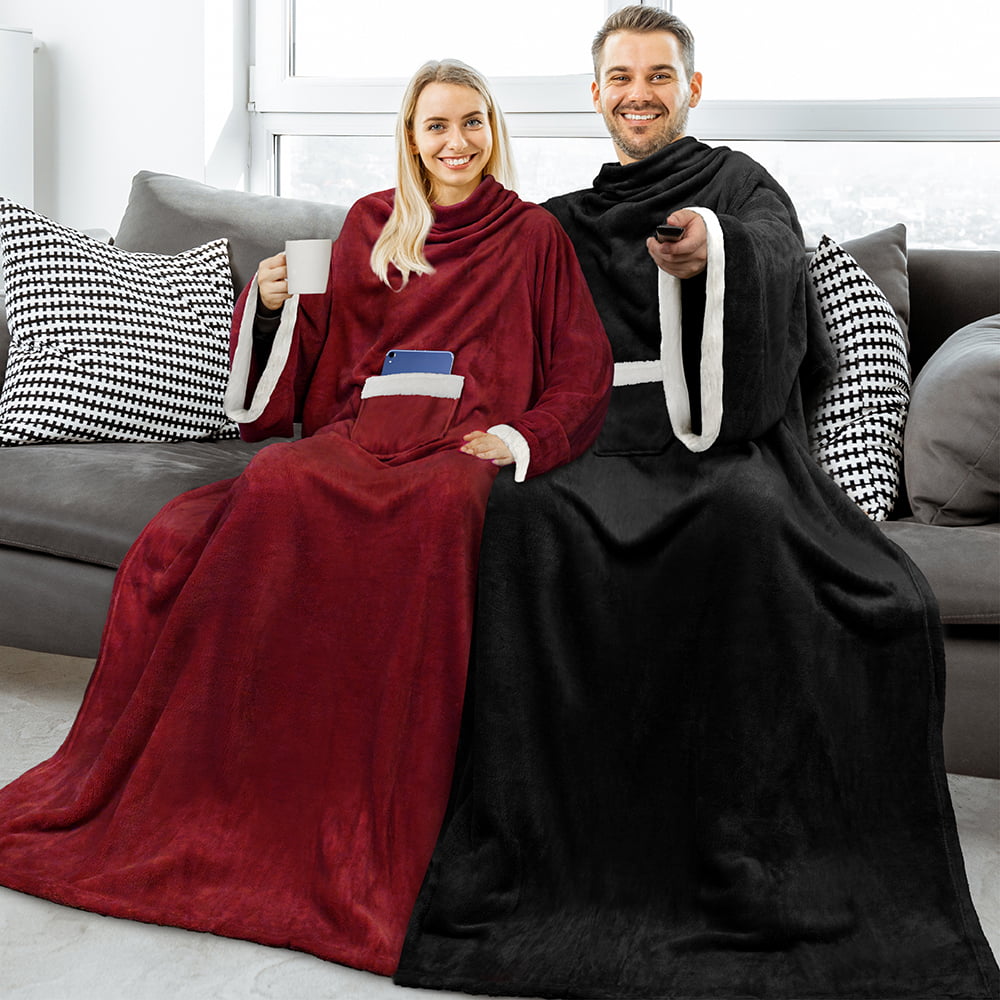 PAVILIA Fleece Blanket with Sleeves for Women Men Adults, Wearable Blanket Warm Soft Plush, Hug Sleep Pod Snuggle Pocket Sleeved TV Throw Wrap, Cozy White Elephant Gifts Ideas for Mom Wife, Black