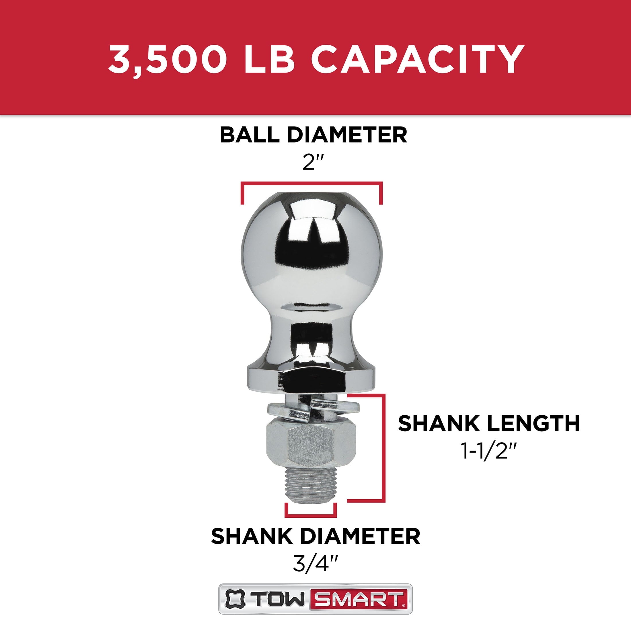 TowSmart Trailer Hitch Ball, Class II, 2in Ball, 3/4in x 1-1/2in Shank, 3500lb, 716, Chrome, 1 Each