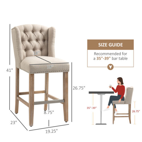 2 Pieces Linen Style Bar Stools Tall Chair with Back, Footrest for Home Pub