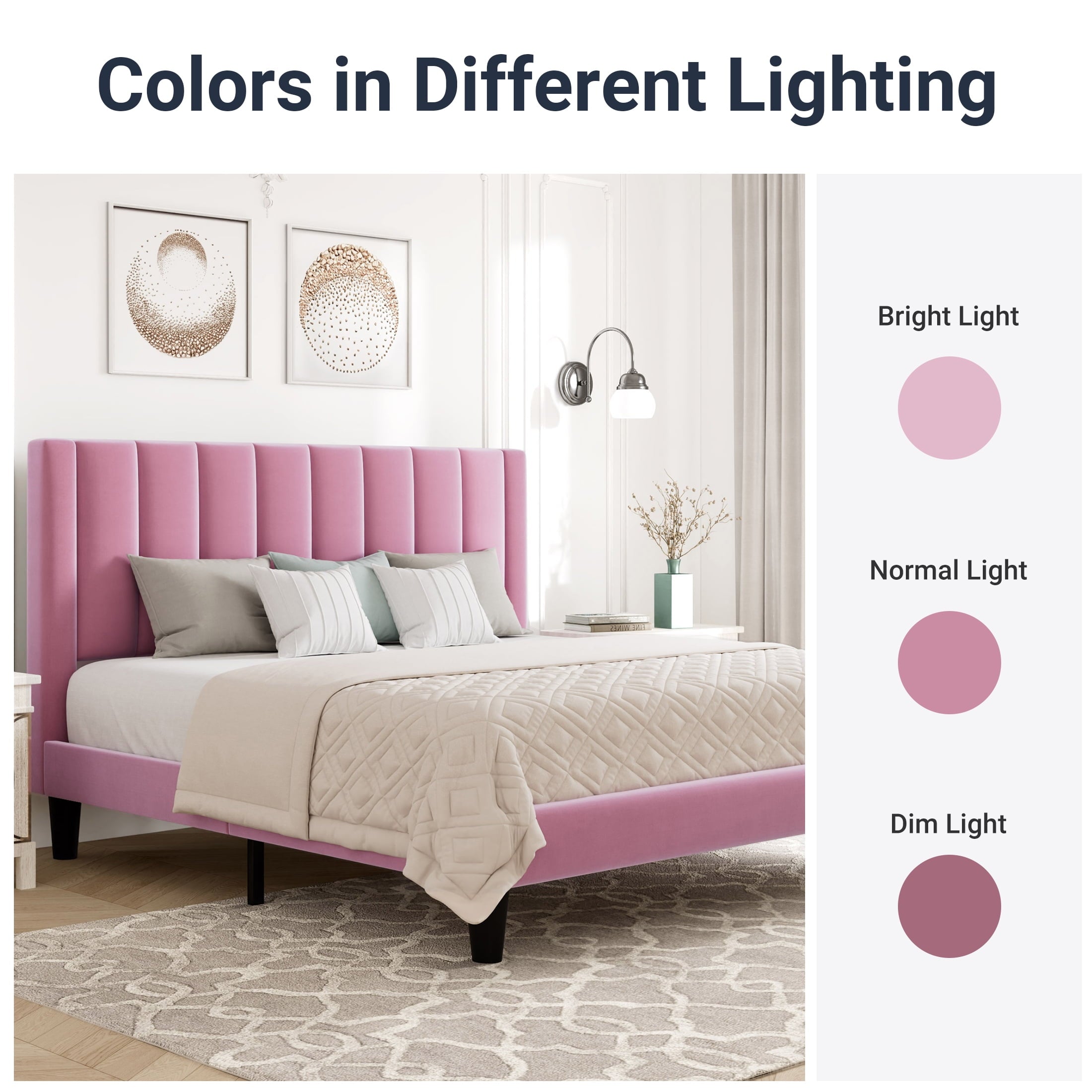 Allewie Queen Velvet Upholstered Bed Frame with Vertical Channel Tufted Headboard, Light Pink