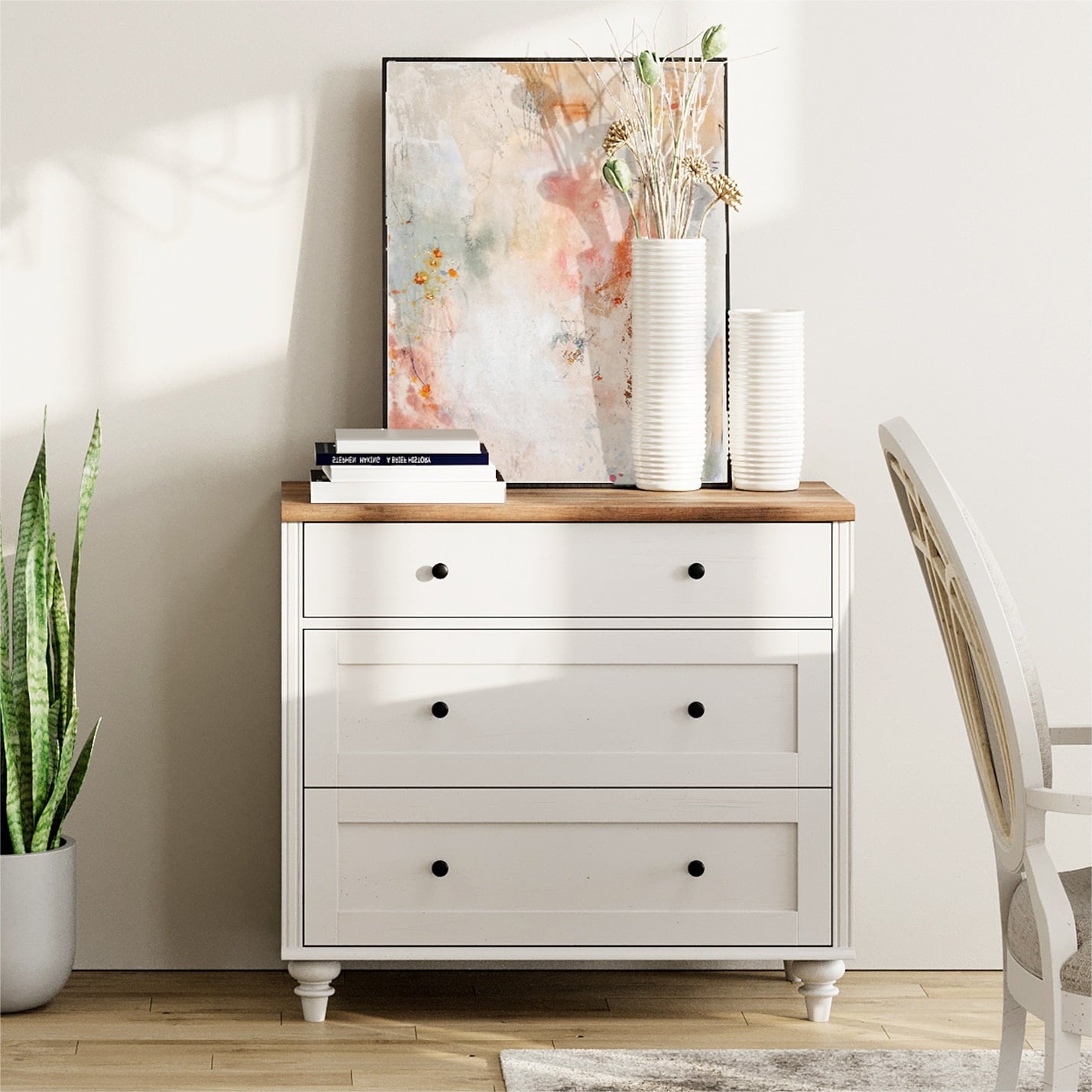 3 Drawer Dresser for Bedroom, White Baby Dressers Wood Mid Century Modern Closet Storage Organizer for Living Room, Nursery, Kids Room
