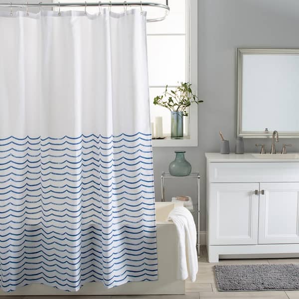 71 in. x 71 in. White and Blue Waves Shower Curtain Polyester