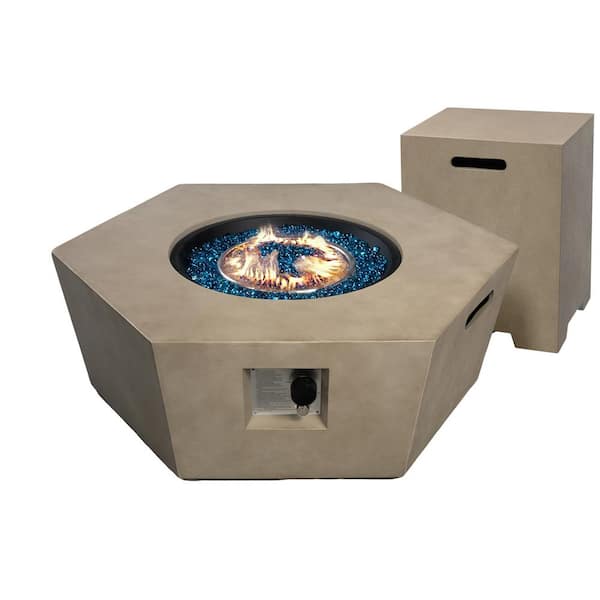 41 in. 50,000 BTU Beige Hexagon Concrete Outdoor Propane Gas Fire Pit Table with Propane Tank Cover
