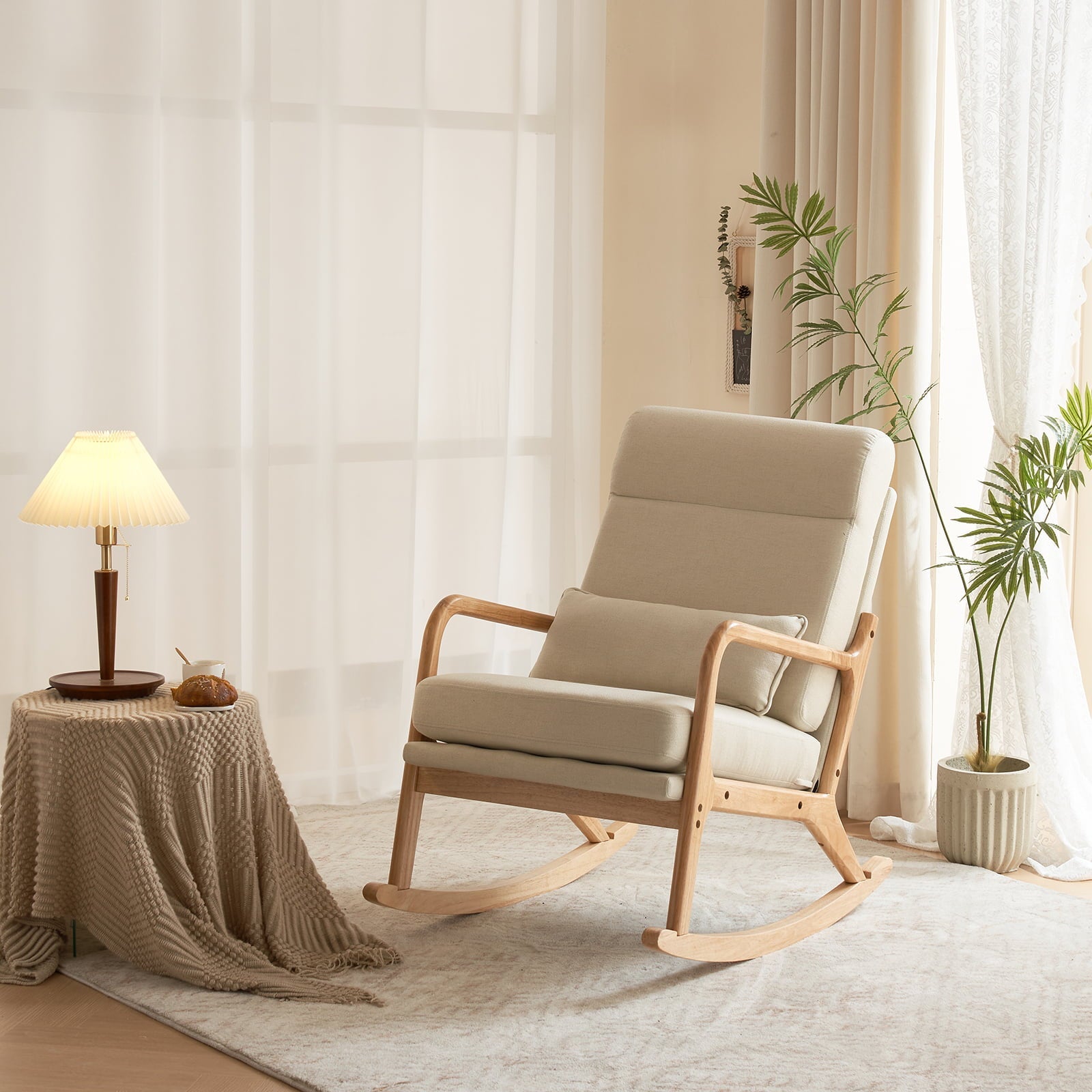 Ktaxon Mid Century Rocking Nursery Chair Solid Wood Frame Accent Chair, Line fabric Upholstered Glider Rocker Modern Padded Armchair with Lumbar Pillow Beige