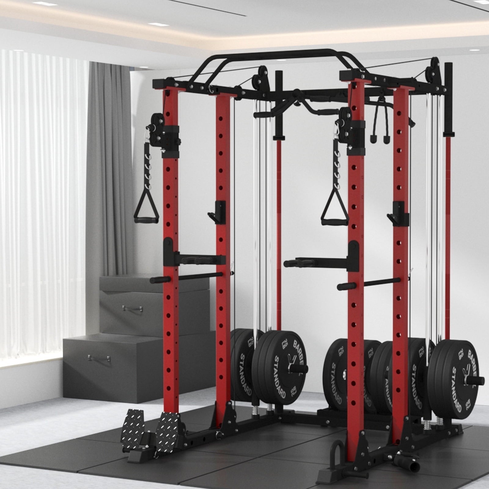 Mikolo Multi-Functional Power Rack, Power Cage with Dual Pulley System, Strength Training Squat Rack, Cable Crossover Machine Home Gym