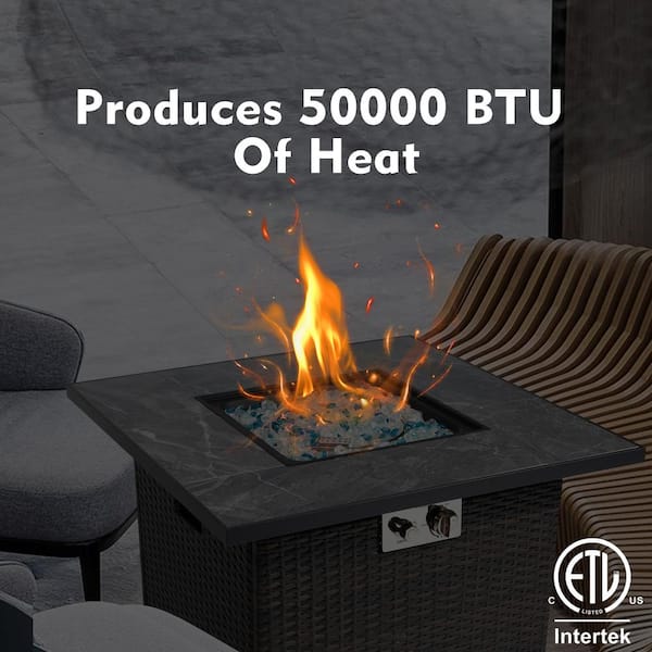 Brown Square Steel 30 in. 40000 BTU Propane Fire Pit Table with Glass Rocks and Rain Cover