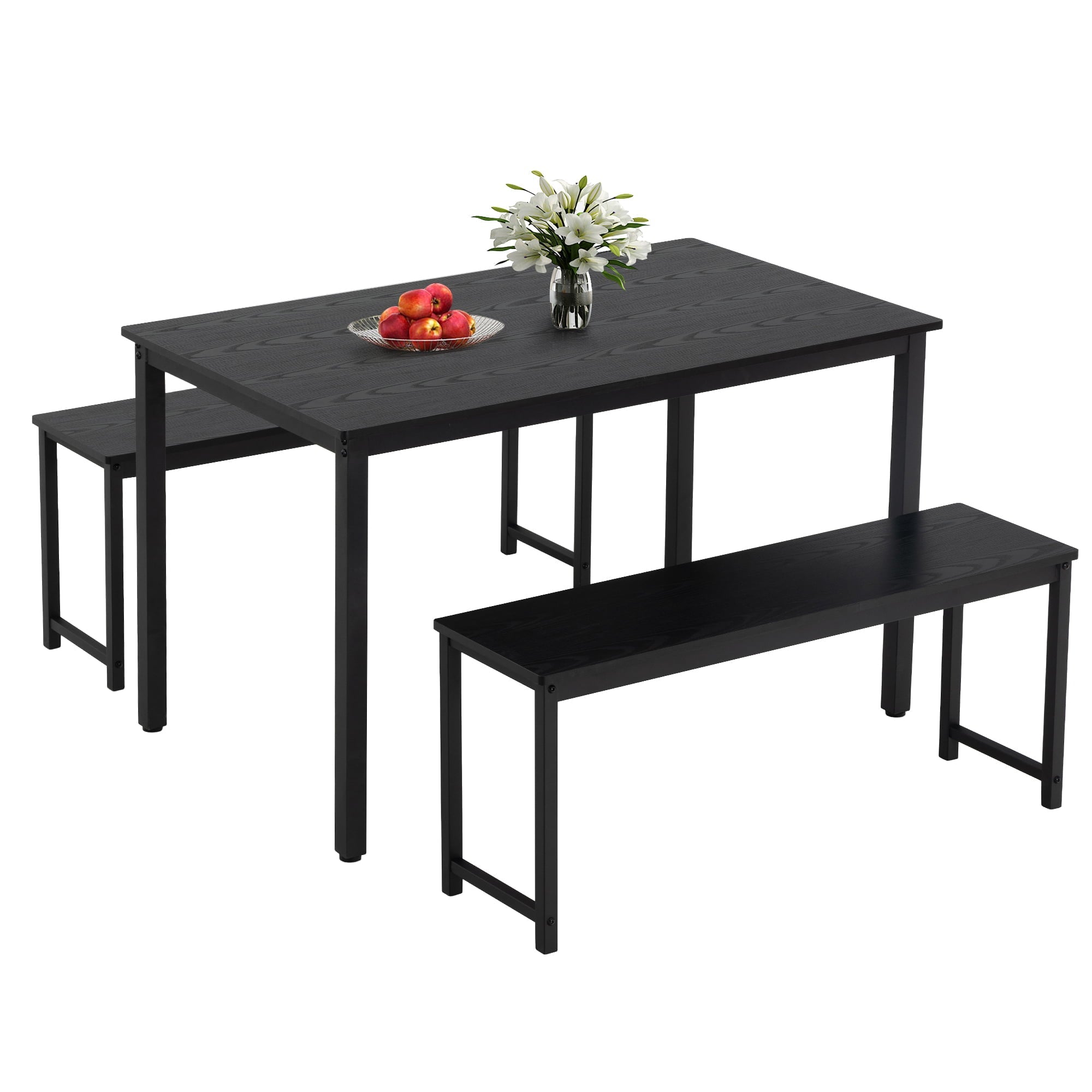 BTMWAY Dining Room Table Set for 4, 3 Piece Wooden Dining Table Set with Metal Frame, Industrial Style Dinette Set with 2 Benches, Dinner Table Set for Kitchen Breakfast Nook, Black
