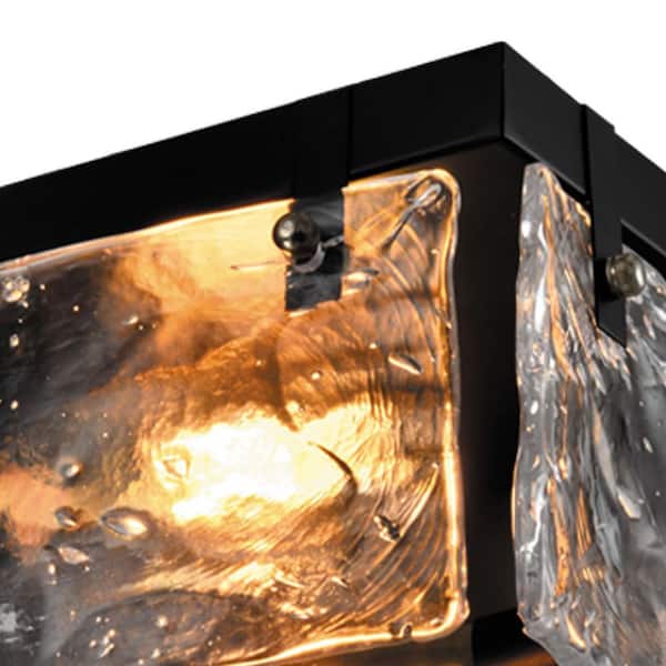 Raleigh 2-Light 11.81 in. Black Flush Mount with Water Glass Shade