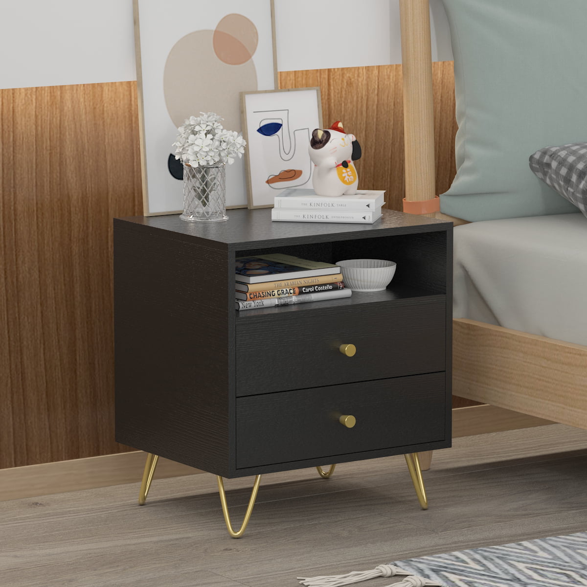 AIEGLE Beside Nightstands for Bedroom with Storage 2 Drawer Side Table with Open Shelf Black