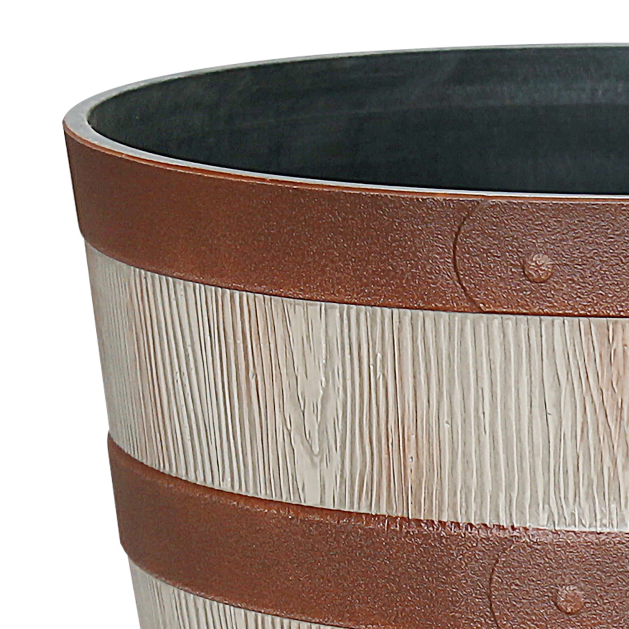 Better Homes & Gardens Whiskey Barrel Light Brown Resin Planter, 13in x 13in x 10in