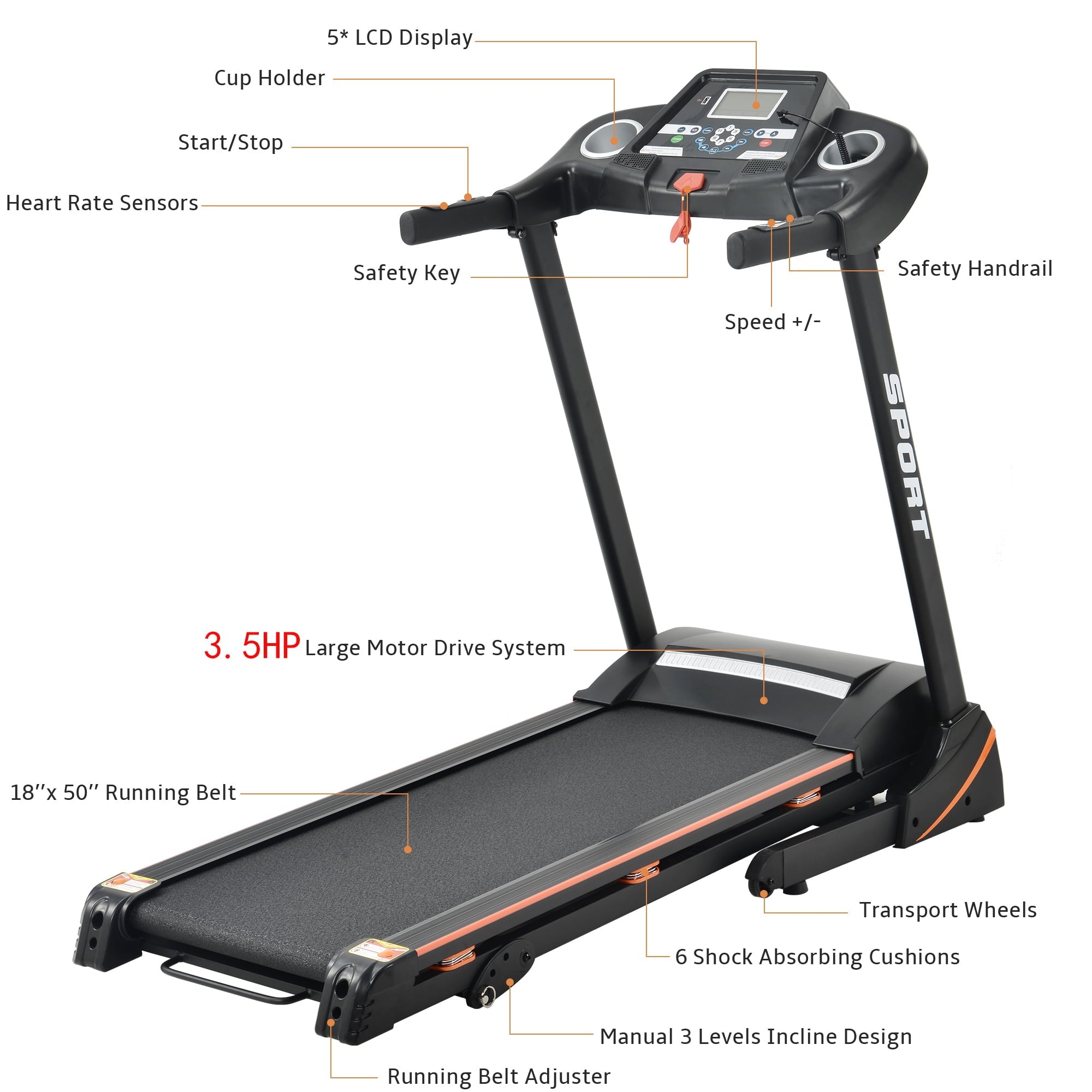 SEGMART Electric Foldable Treadmill w/3 Manual Adjustable Incline, 16.5'' Wide Tread Belt Treadmills for Home, Digital Exercise Machine with 14.8 KM/h Max Speed for Home & Gym Cardio Fitness, S5562
