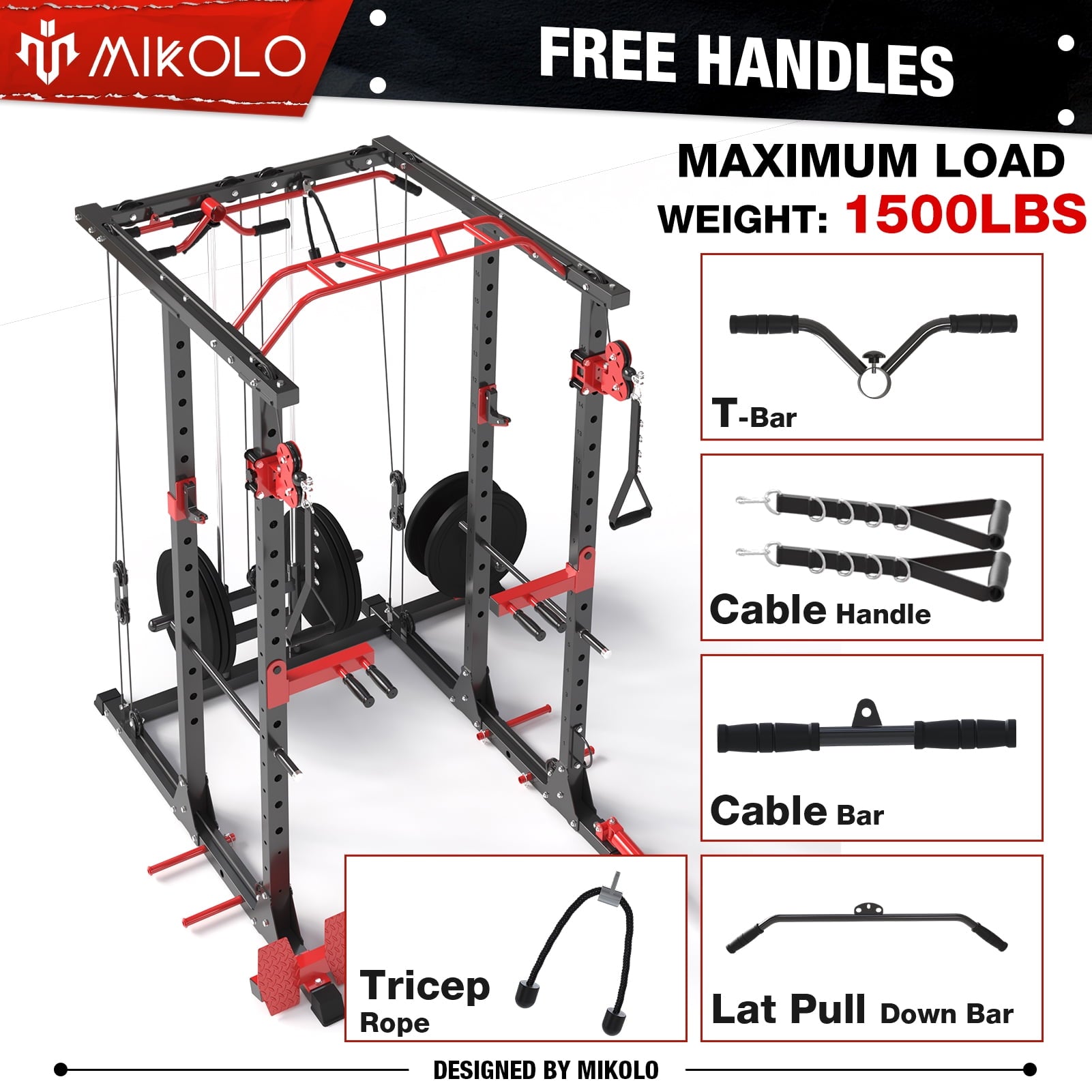 Mikolo Power Rack Cage, 1500LBS Weight Cage with 800LB Capacity Adjustable Weight Bench, Multi-Function Workout Rack Cage with Storage System, J-Hook, Band Peg, Battle Rope Ring Home Gym