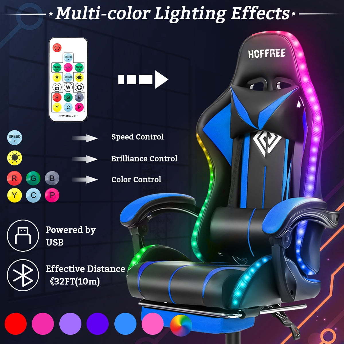 Hoffree Message Gaming Chair with RGB LED Lights, Racing Style Recliner Swivel Video Game Chair with Speakers, Adjustable Ergonomic High Back Computer Chair with Headrest & Lumbar Support