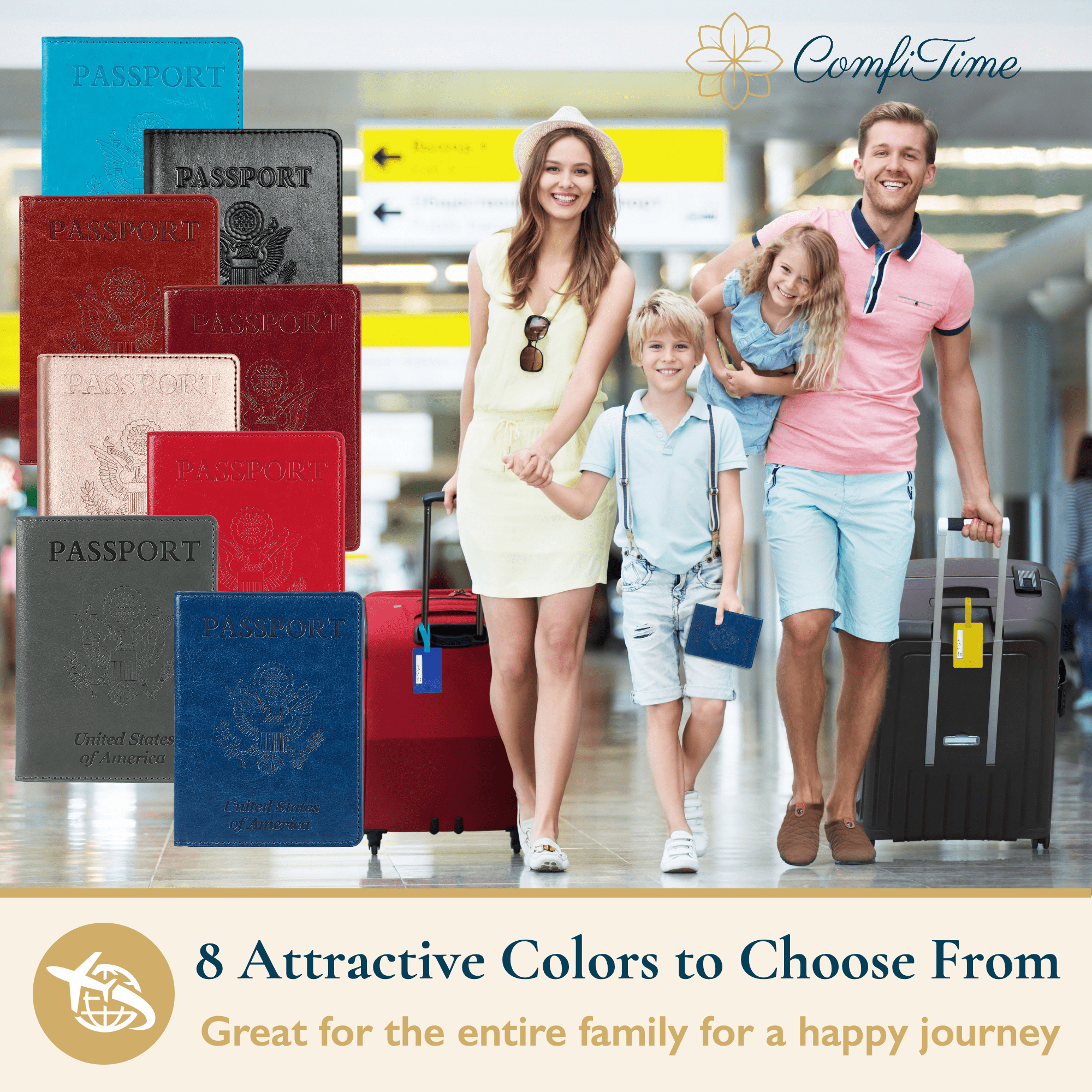 ComfiTime Passport Holder – Slim Passport Wallet with Vaccine Card Holder and Credit Card Slots, 2 Bonus Travel Luggage Tags, Waterproof PU Leather Passport Cover/ Case, Navy Blue