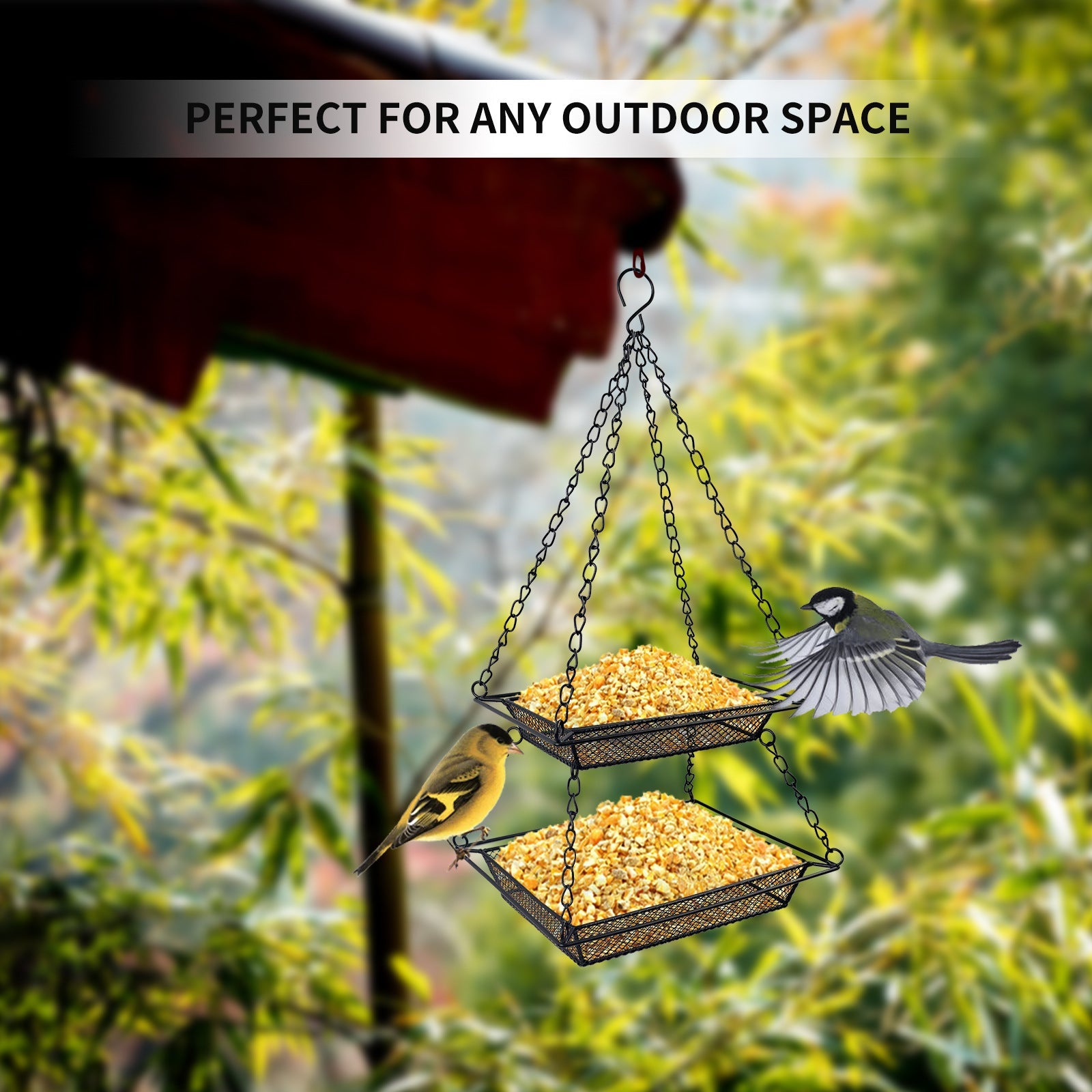 Oyajia Outdoor Metal Wild Birds Feeder 2-Tier, Hanging Hollow Bird Feeder with Hanging Hook for Outdoor, Garden Bird Feeder Decoration