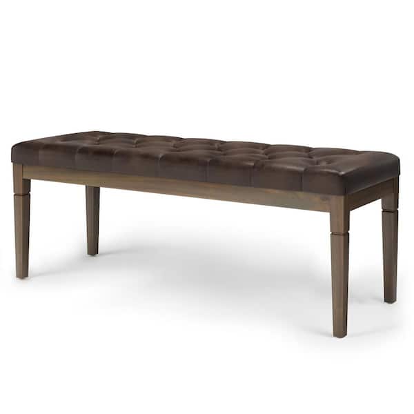 Waverly 48 in. Wide Traditional Rectangle Tufted Ottoman Bench in Distressed Brown Faux Leather