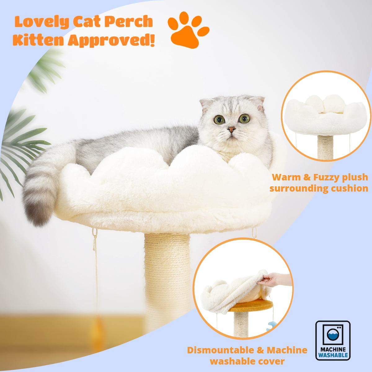 Happi N Pets Cloud Cat Scratching Post with Bed, 2 -Level Cat Tree, Nature Sisal Cat Scratcher with Soft Perch for Kitten & Adult Cats, Small Cat Tower with Toys, Stable Cat Furniture