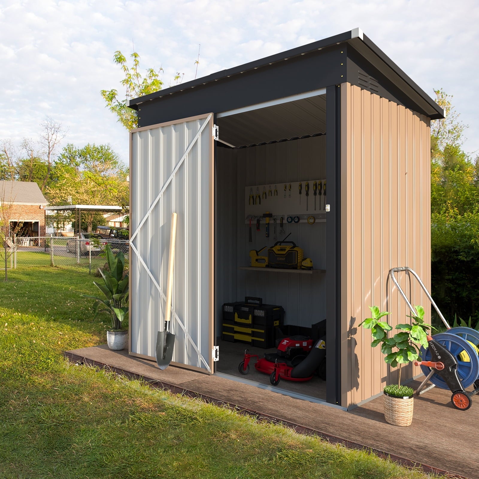 YODOLLA 5 x 3 ft. Outdoor Metal Storage Shed with Sliding Roof & Lockable Door for Backyard, Garden