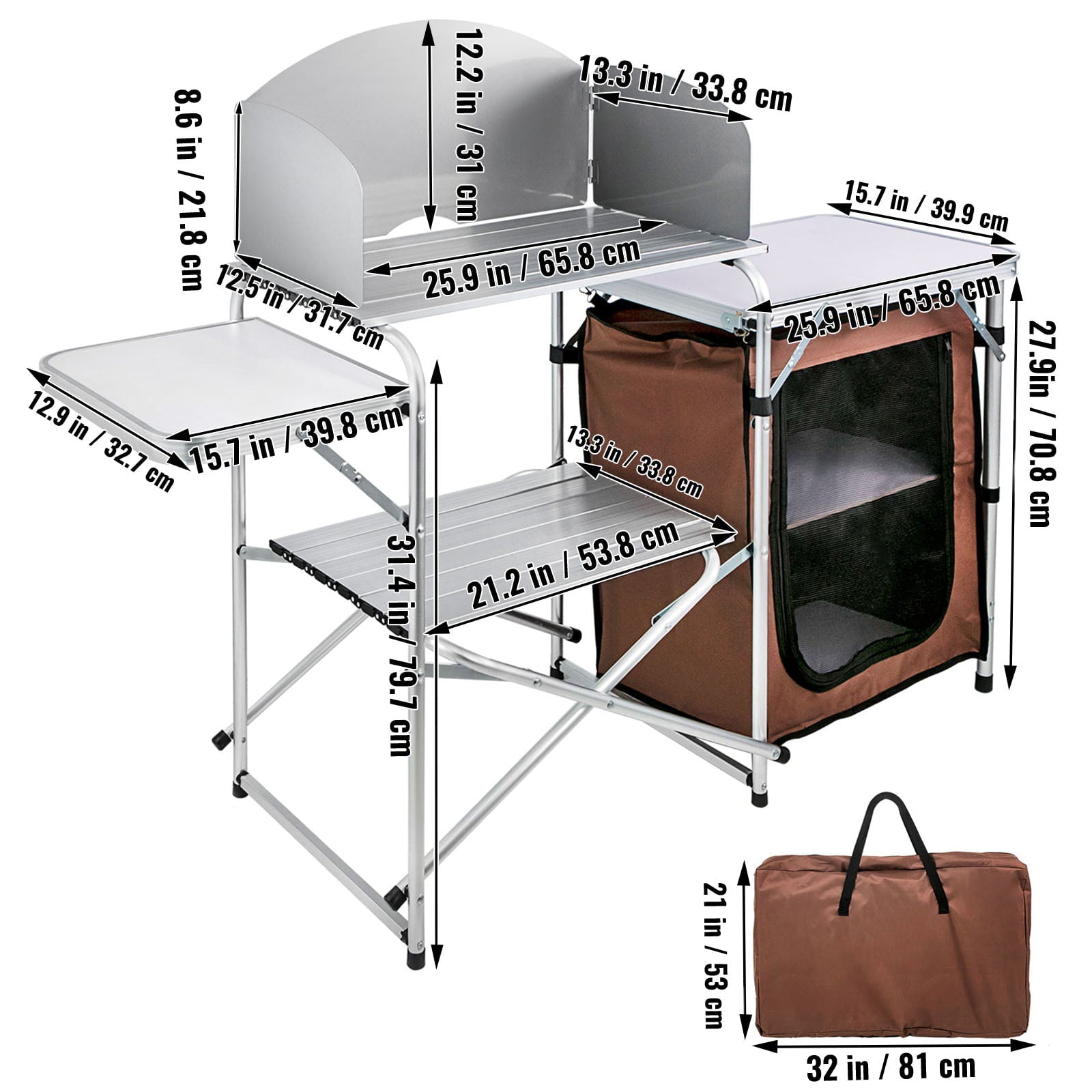 Camping Kitchen Station, Aluminum Portable Folding Camp Cook Table with Windshield, Storage Organizer and 4 Adjustable Feet, Quick Installation for Outdoor Picnic Beach Party Cooking, Brown