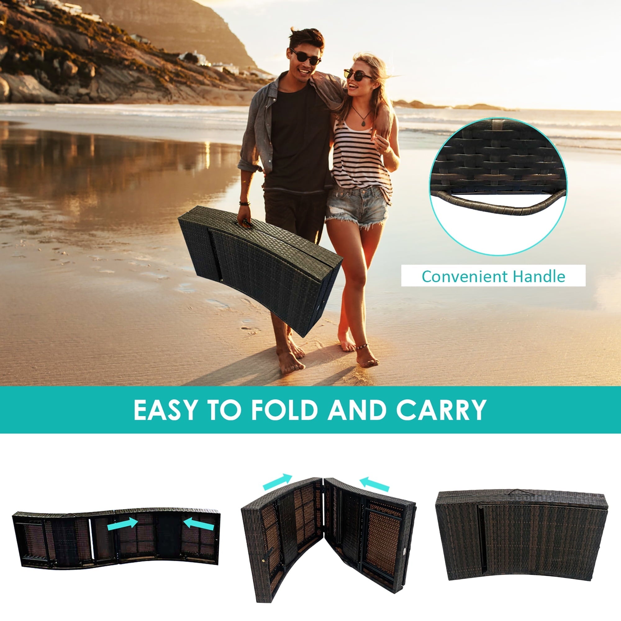 Costway Patio Rattan Folding Lounge Chair Chaise Adjustable W/Turquoise Cushion