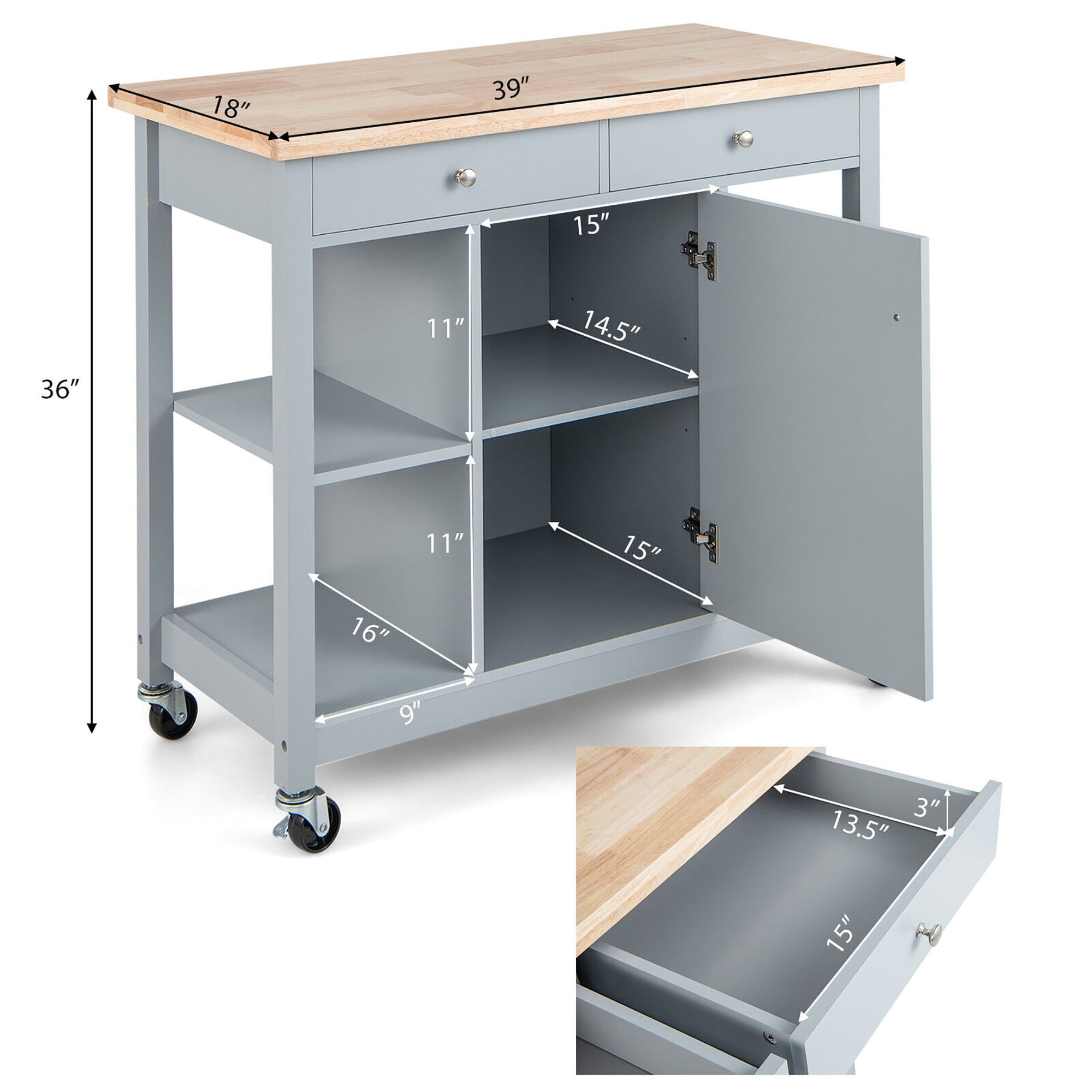 Gymax Kitchen Island Utility Cart Rolling Storage Trolley w/ Open Shelves & 2 Drawers