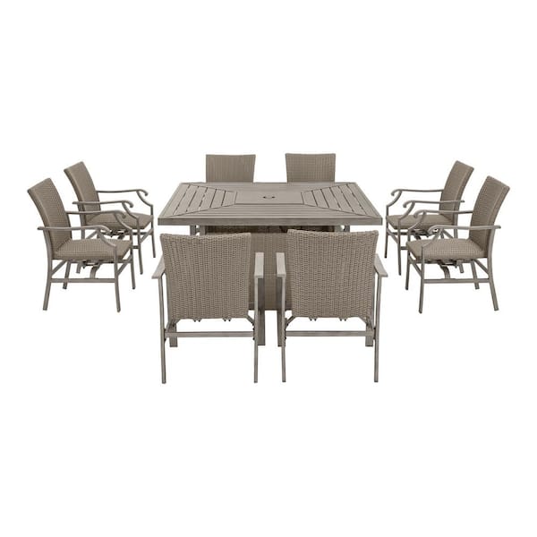 Stonehaven 9-Piece Aluminum and Steel Wicker Counter Height Motion Outdoor Dining Fire Pit Set