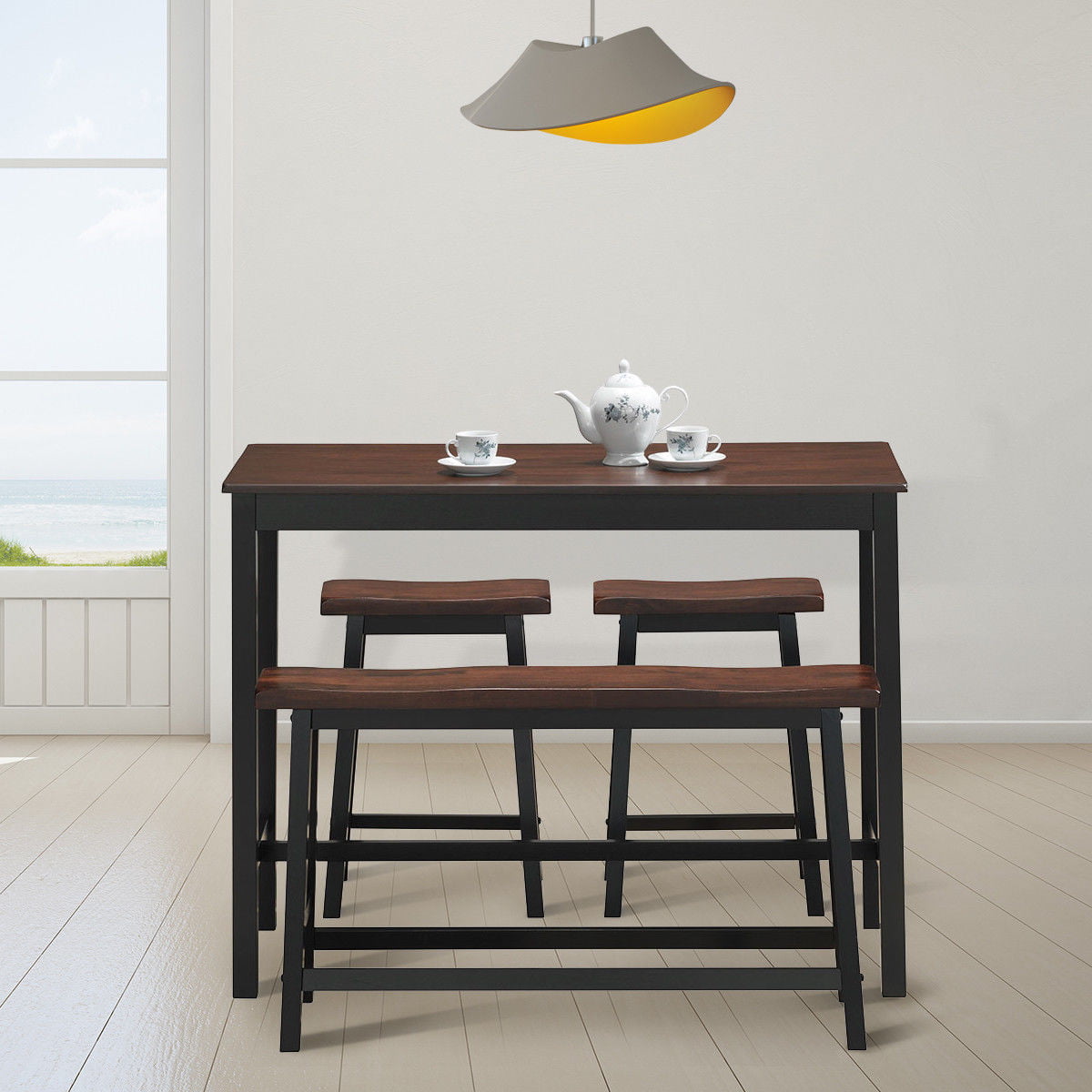 Costway 4 Pcs Solid Wood Counter Height Table Set w/ Height Bench & Two Saddle Stools Brown