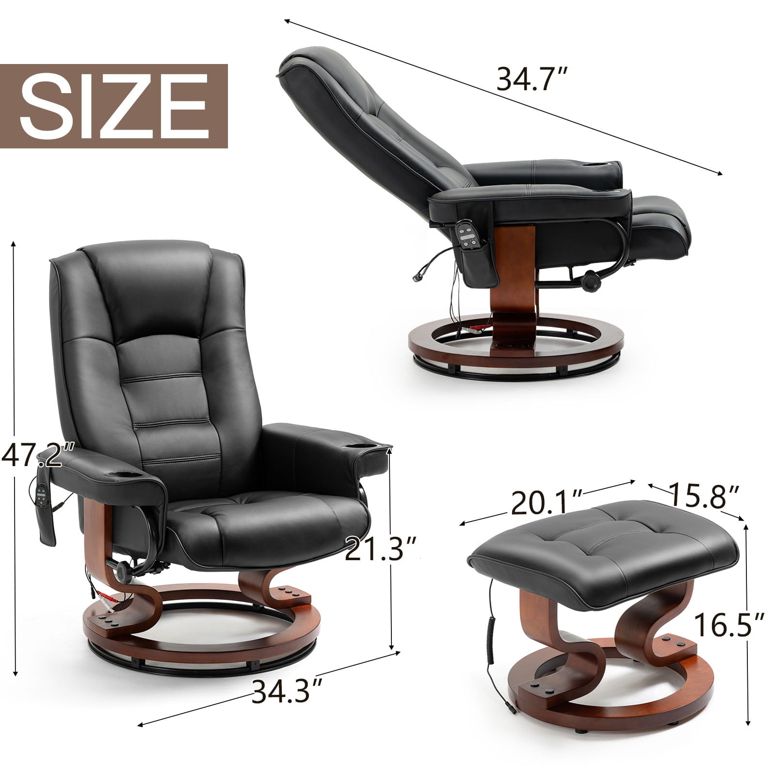 AVAWING Recliner Chair - Vibration Massage, Faux Leather, Ottoman, Swivel - Black