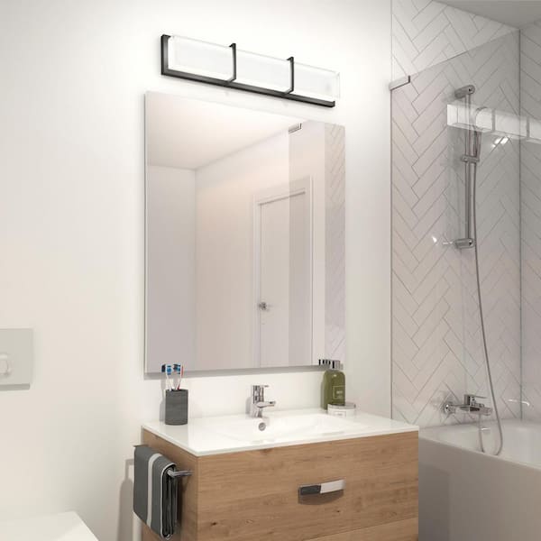 Subway 27 in. 1-Light Matte Black Modern Integrated LED Vanity Light Bar for Bathroom with Frosted Glass