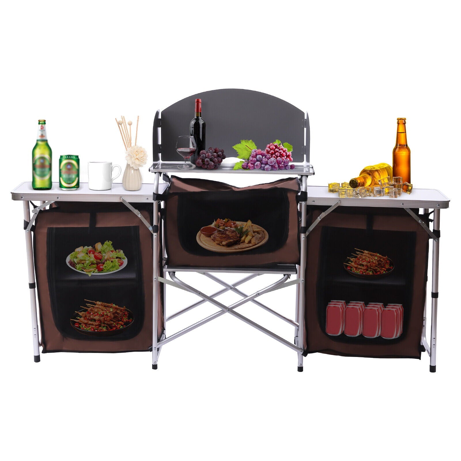 Folding Camping Kitchen Table with Storage Portable Outdoor Cooking Table with Aluminium Windscreen Kitchen Station with 2 Side Tables for BBQ Grill Picnics Brown
