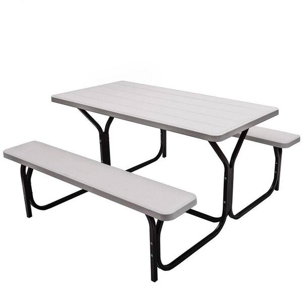 Rectangle All-Weather Resistant HDPE Steel Picnic Table Bench Set in White for Outdoor Gatherings
