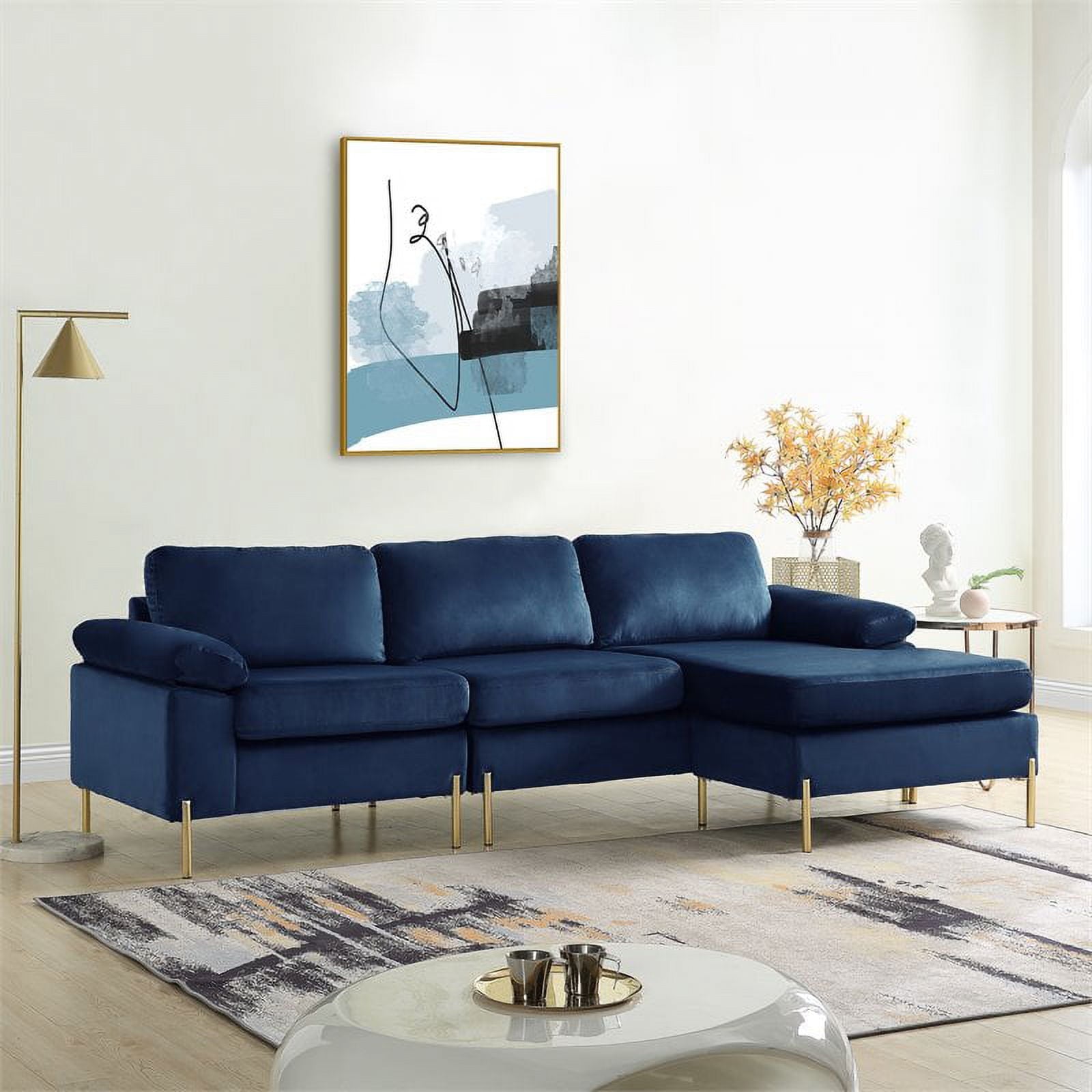 Maklaine Modern Velvet Sectional Sofa with Gold Legs in Blue