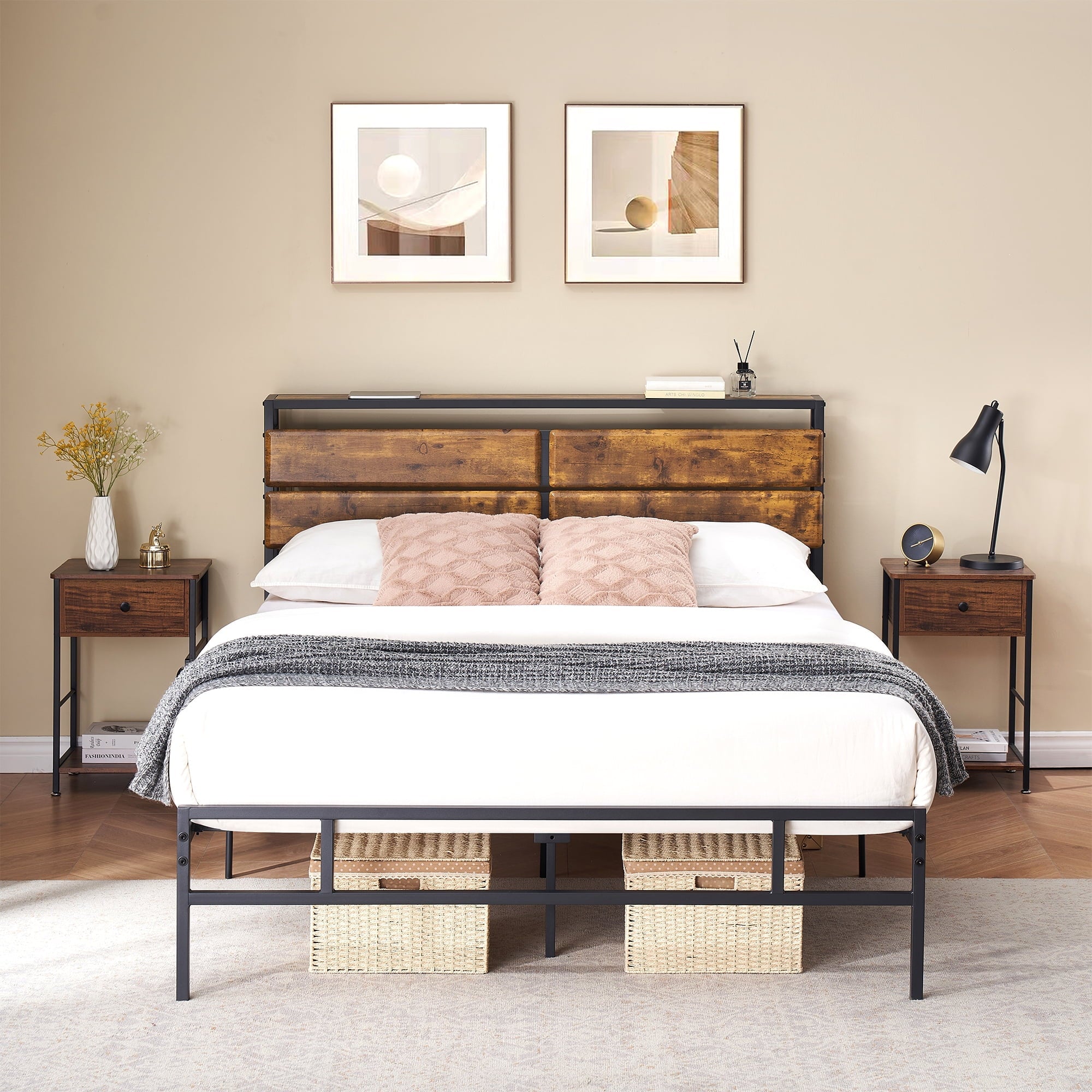 JOMILLY Full Bed Frame, Platform Bed Frame Full with Storage Headboard and Strong Support Legs, More Sturdy, Noise-Free, No Box Spring Needed,Vintage Brown