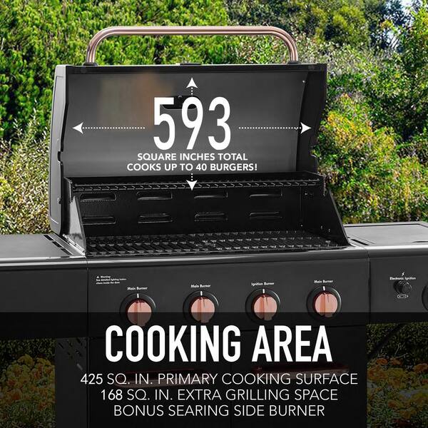 4-Burner Propane Gas Grill with Side Searing Burner in Black with Copper Accent