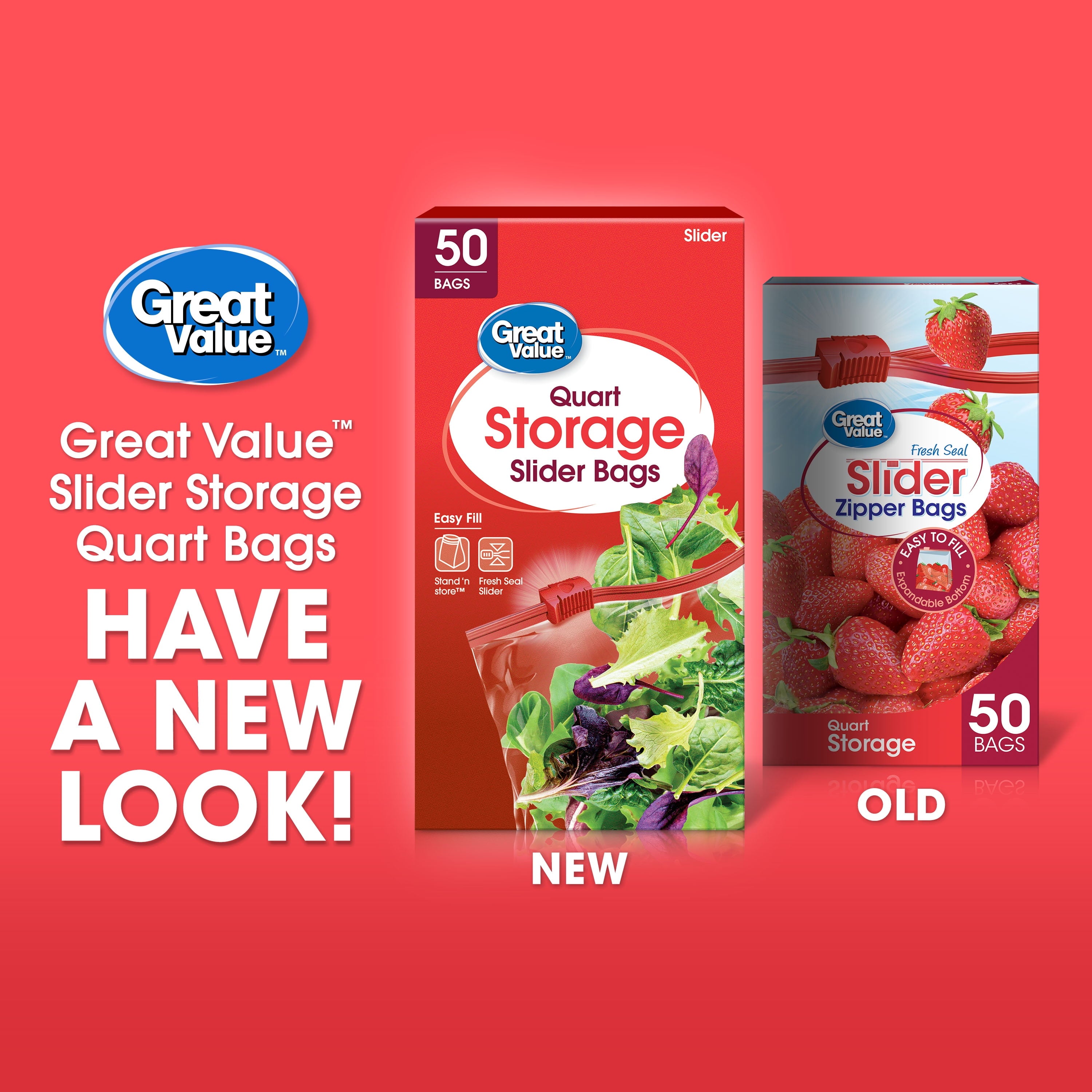 Great Value Fresh Seal Slider Zipper Bags, Quart Storage, 50 Count