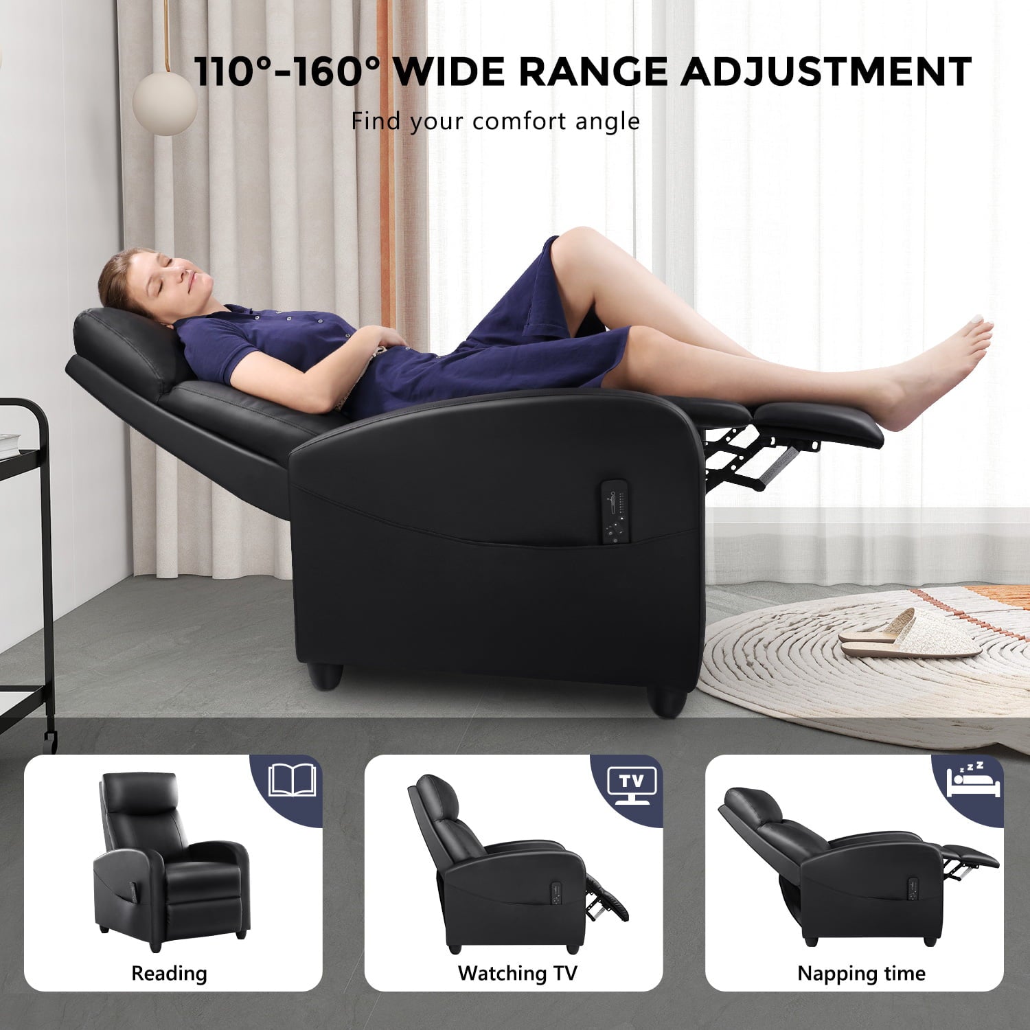 Recliner Chair with Massage, PU Leather Single Sofa with Padding Seat for Living Room Bedroom, Black