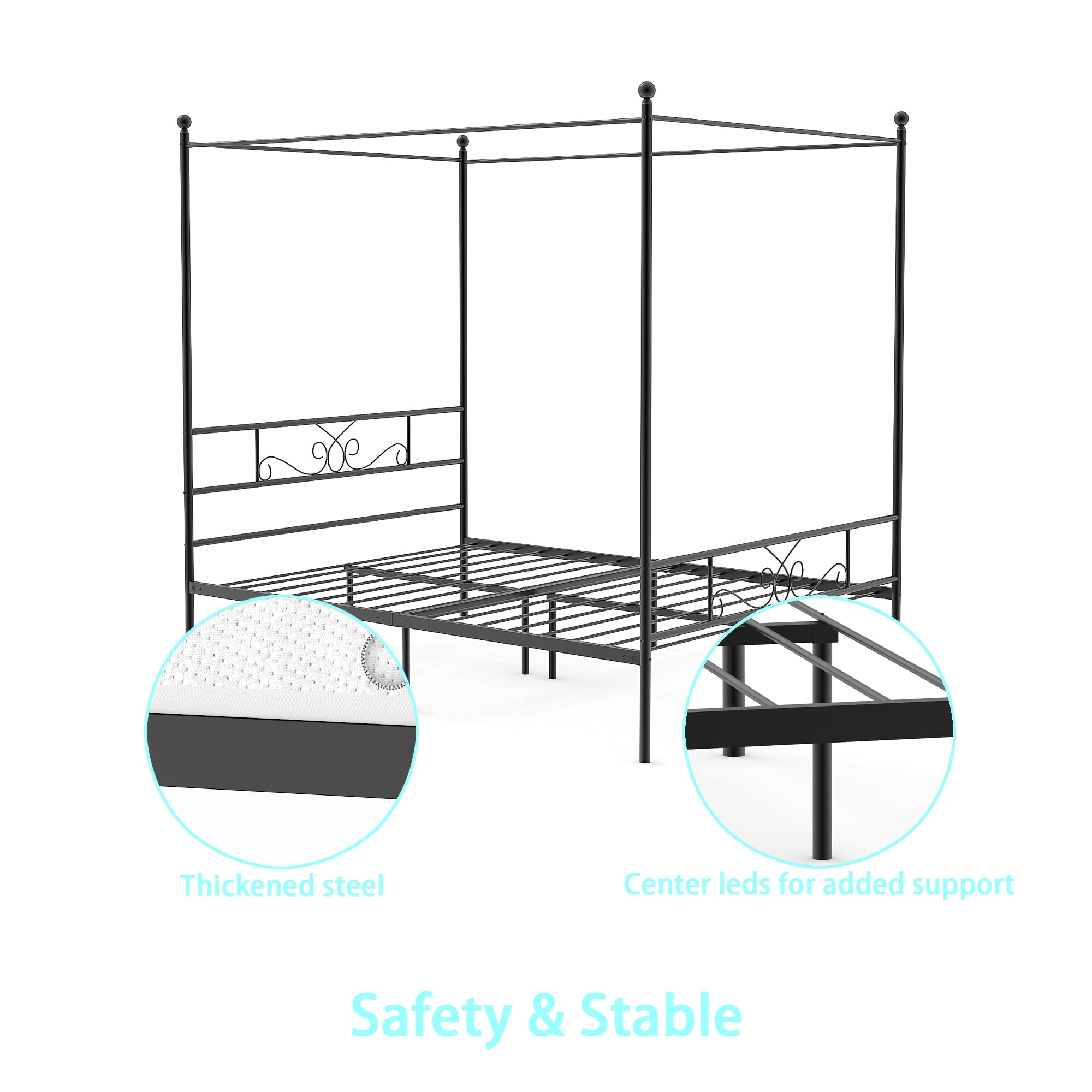 Teraves Metal Canopy Bed 4-post Canopy Bed Frame with Headboard, Full, Black