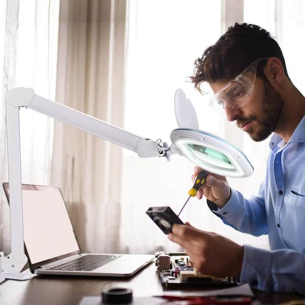 LightView Pro 33 in. White XL Magnifying LED Desk Lamp with 2.25x Magnifier Lighted Lens and Adjustable Clamp
