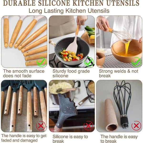 33-Piece Silicon Cooking Utensils Set with Wooden Handles and Holder for Non-Stick Cookware, Khaki
