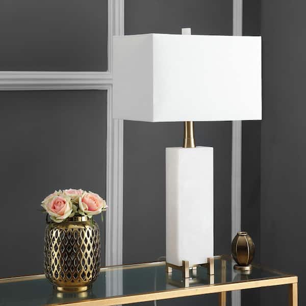 Sloane Alabaster 30 in. White/Brass Gold Table Lamp with Off-White Shade