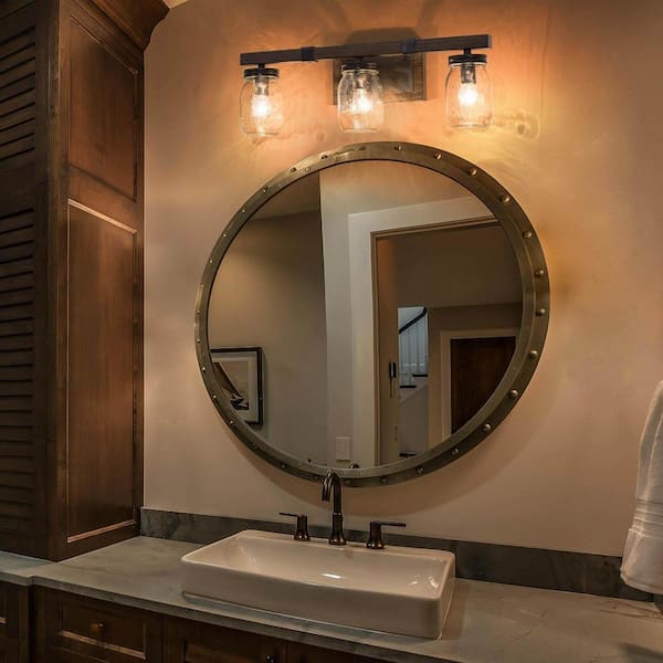 Modern Farmhouse Rust Black 3-Light Bathroom Vanity Light with Textured Faux Wood Accent and Mason Jar Glass Shades