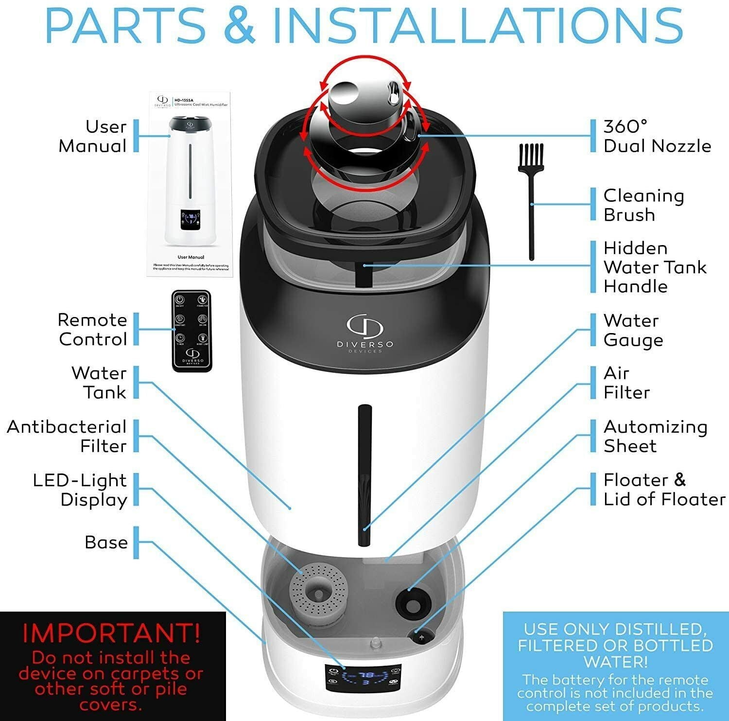 DIVERSO Cool Mist Humidifier with Remote Control and LED Display 1.59 Gallon
