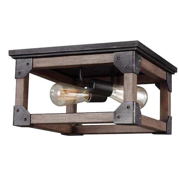 Dunning 13.5 in. W. 2-Light Weathered Gray and Distressed Oak Flush Mount