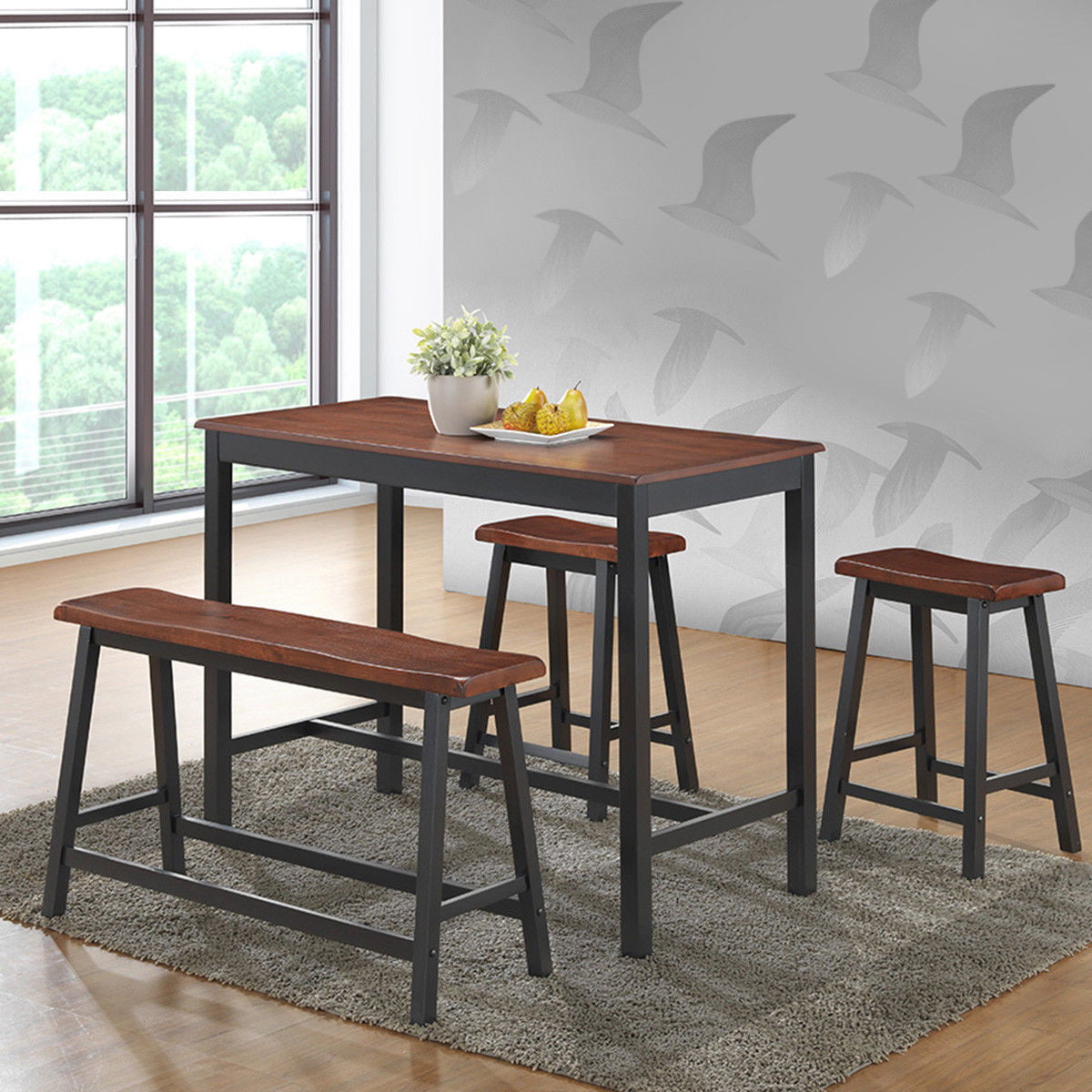Costway 4 Pcs Solid Wood Counter Height Table Set w/ Height Bench & Two Saddle Stools Brown